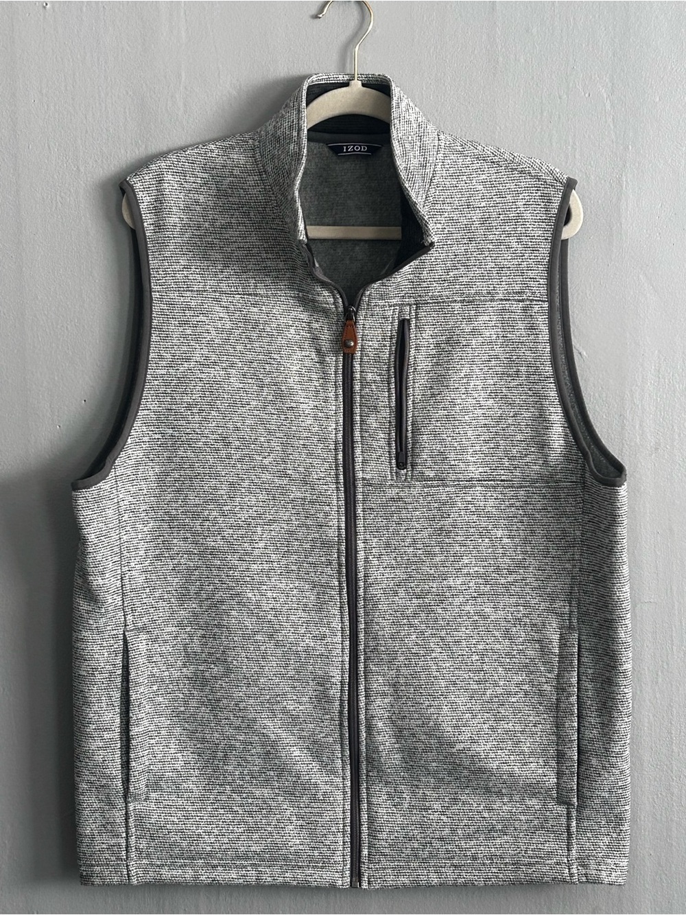 Men's IZOD Grey Zip-Up Sweater Vest with Brown Leather Pull